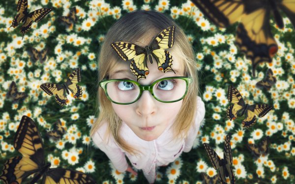 Photography Manipulation Butterfly Child Flower Blue Eyes Blonde Glasses HD Wallpaper | Background Image