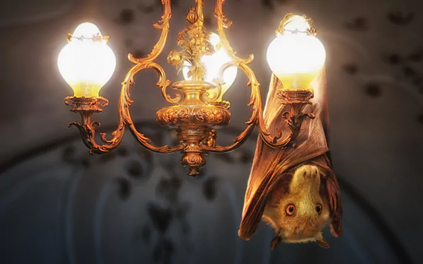 An artistic HD desktop wallpaper featuring a chandelier with glowing lights and a bat hanging upside down, showcasing creative photography manipulation.