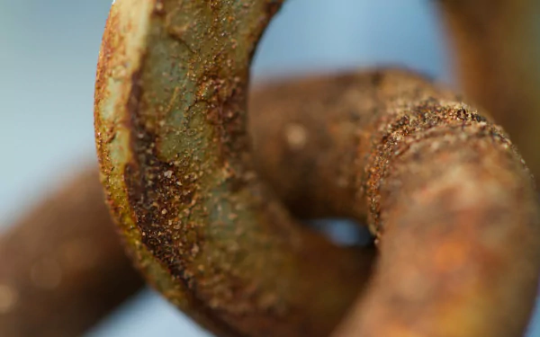 Close-up of a rusty, weathered chain against a softly blurred background, showcasing the intricate details of its texture. This image serves as a striking HD desktop wallpaper.
