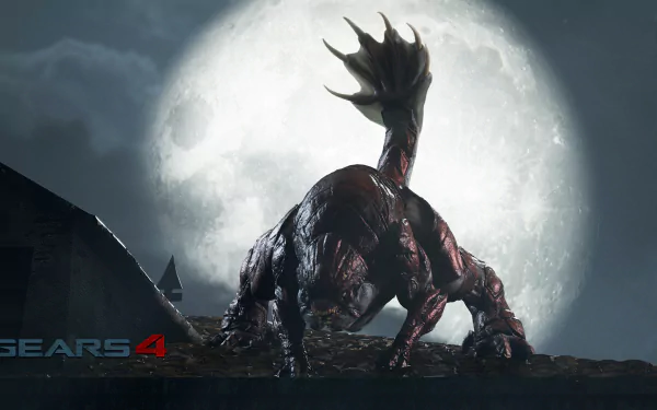 HD PC desktop wallpaper featuring a menacing Locust creature from the video game Gears of War 4, set against a glowing full moon backdrop.