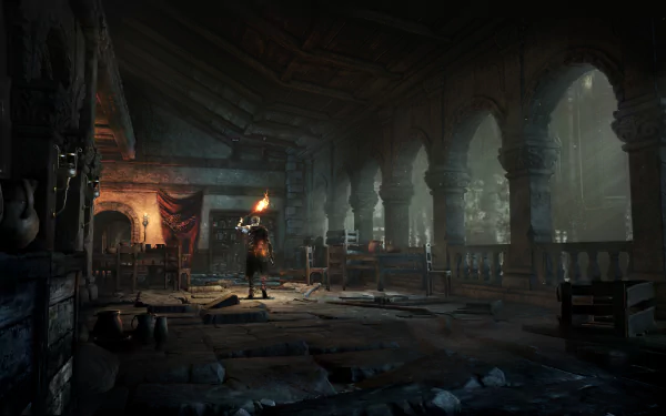 HD desktop wallpaper of Dark Souls III featuring a lone warrior holding a torch in a dimly lit, ancient architectural setting with archways and detailed stonework.