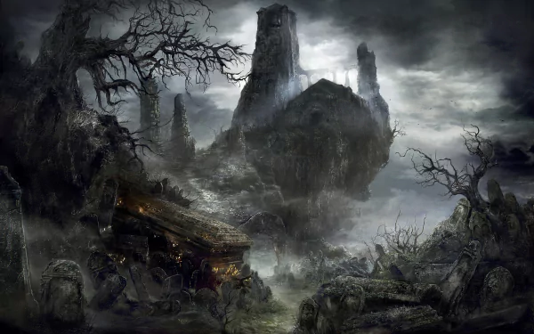 Dark Souls III HD desktop wallpaper featuring a dark, eerie landscape with desolate ruins and twisted trees under a stormy sky.