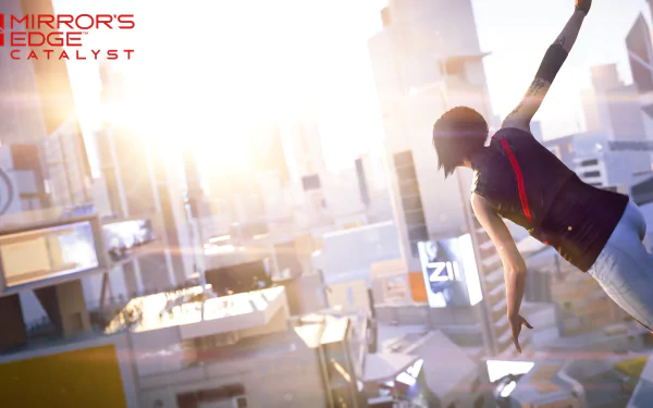 A dynamic scene from Mirror's Edge Catalyst showcases Faith Connors in mid-leap, surrounded by a futuristic cityscape illuminated by sunlight.