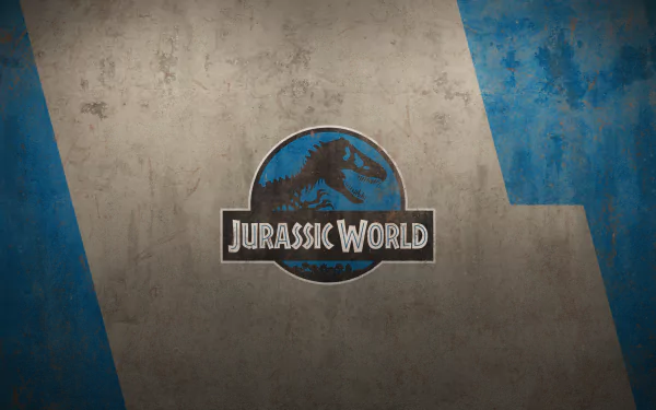 HD desktop wallpaper featuring the Jurassic World logo against a textured blue and grey background.