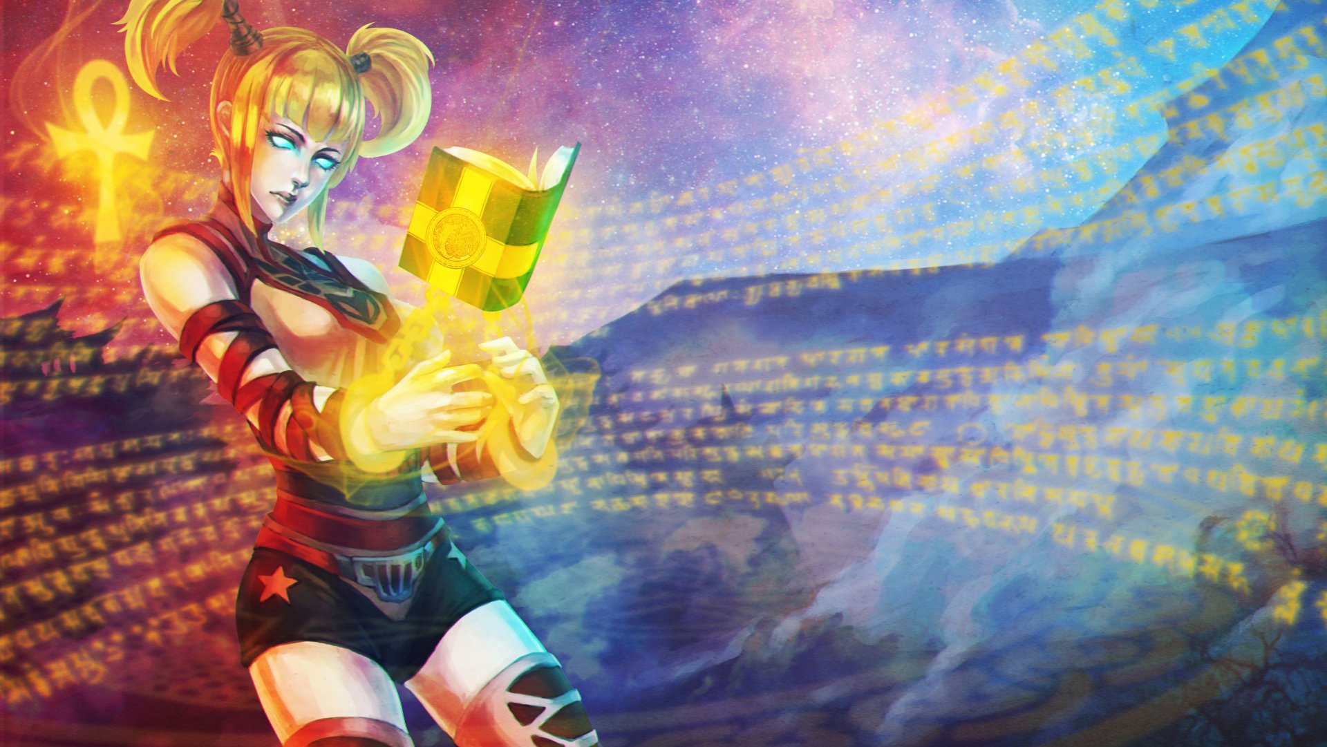 Fantasy magic portrait: neon-haired sorceress conjures glowing runes and a golden relic, 2K Quad HD PC desktop wallpaper and background.