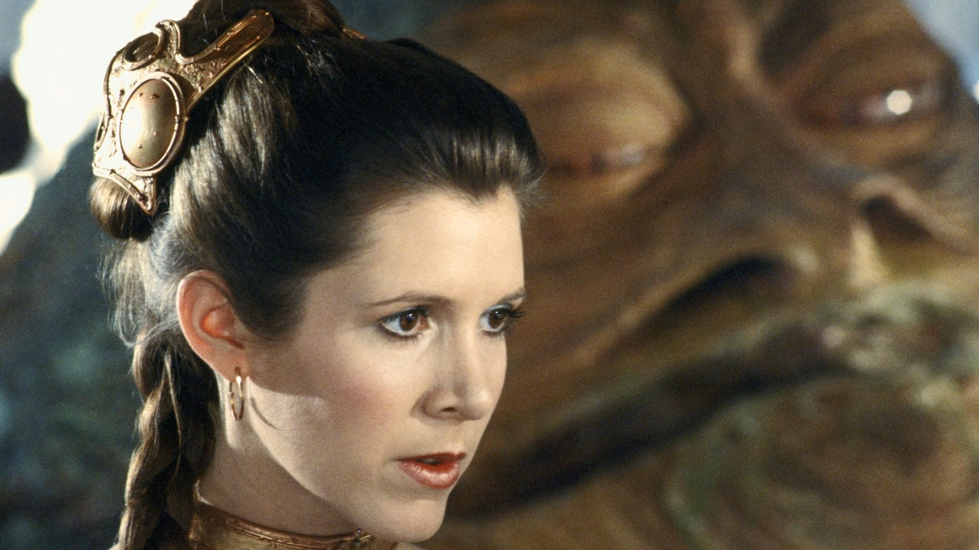 HD PC desktop wallpaper featuring Princess Leia and Jabba the Hutt from the Star Wars movie series.