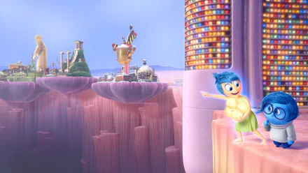 A vibrant 4K Ultra HD wallpaper featuring Joy and Sadness from the movie Inside Out, showcasing their journey through the imaginative landscape of emotions.