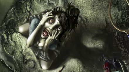 HD PC desktop wallpaper featuring a horror scene from the video game Vampire: The Masquerade - Bloodlines, showing a distressed character with an eerie atmosphere.