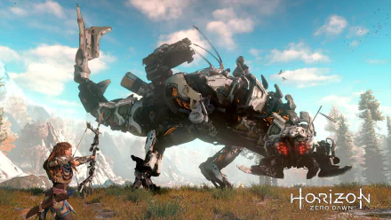 HD desktop wallpaper featuring Aloy from the Horizon Zero Dawn video game, aiming her weapon at a large, mechanical beast against a scenic, mountainous backdrop. Horizon Zero Dawn logo is displayed in the corner.