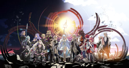 HD desktop wallpaper featuring Azura, Corrin, and other characters from the video game Fire Emblem Fates, set against a dramatic background with a glowing central emblem.