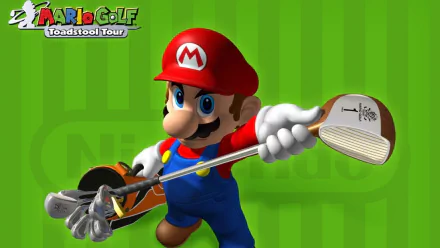 Video game HD PC desktop wallpaper showing Mario from Mario Golf: Toadstool Tour swinging a golf club toward the viewer on a green striped background with the game logo.