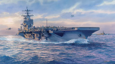 HD wallpaper featuring the USS George H.W. Bush (CVN-77) aircraft carrier, a military ship, navigating the ocean with aircraft overhead.