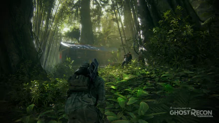 A dense jungle scene from Tom Clancy’s Ghost Recon Wildlands, featuring a character in stealth mode near a hidden outpost, capturing the game's immersive atmosphere.