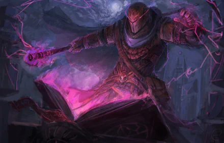 A wizard clad in dark armor casts powerful lightning magic from an open glowing book, set against a stormy, mystical fantasy backdrop in this HD PC desktop wallpaper.