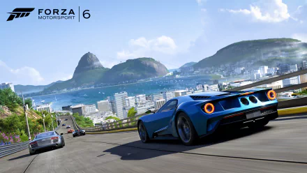 HD PC desktop wallpaper featuring a sleek blue sports car racing through a coastal cityscape from the video game Forza Motorsport 6.