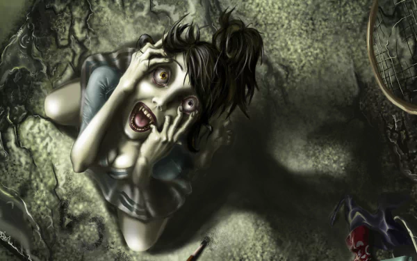 HD PC desktop wallpaper featuring a horror scene from the video game Vampire: The Masquerade - Bloodlines, showing a distressed character with an eerie atmosphere.