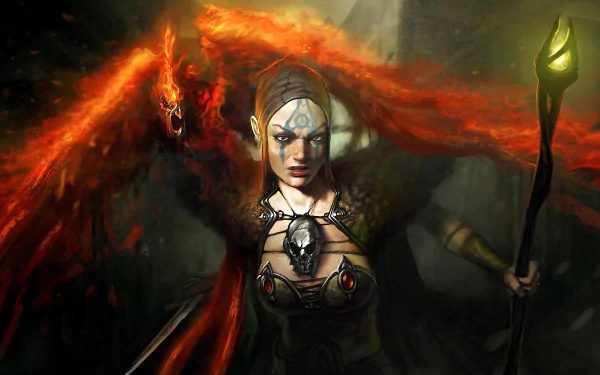 A powerful witch stands confidently, adorned with intricate jewelry, as a fiery phoenix emerges behind her, creating a captivating fantasy backdrop for HD desktop wallpaper.