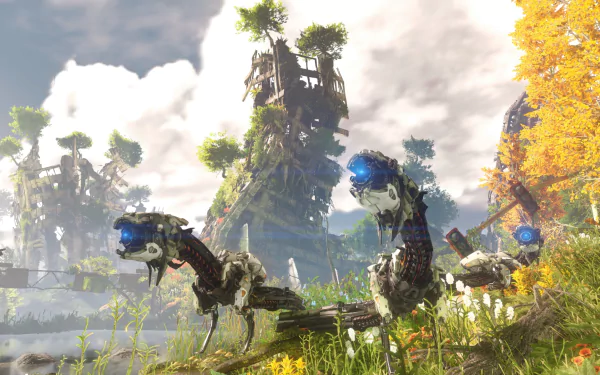 A stunning HD desktop wallpaper from Horizon Zero Dawn, featuring robotic creatures among lush greenery and vibrant landscapes under a bright sky.