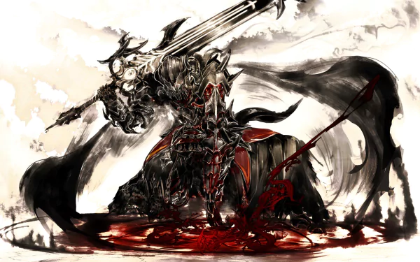 A dramatic HD wallpaper from Final Fantasy XIV: A Realm Reborn, featuring a powerful character wielding a massive sword, surrounded by a dark, atmospheric backdrop.