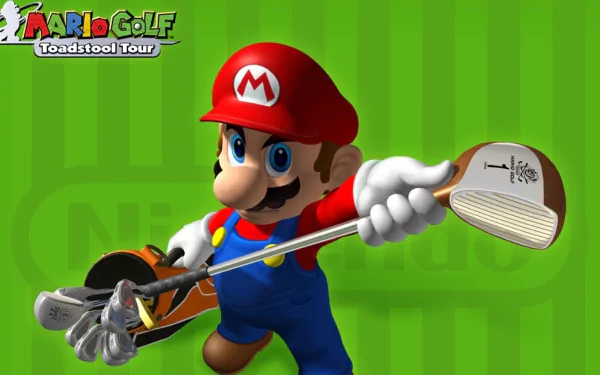 Video game HD PC desktop wallpaper showing Mario from Mario Golf: Toadstool Tour swinging a golf club toward the viewer on a green striped background with the game logo.