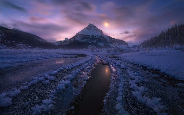 Earth Mountain Mountains Alberta Moonlight Canadian Rockies Frost Nature Winter Ice Snow Canada Water Landscape Night HD Wallpaper | Background Image