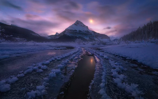 A serene night landscape of the Canadian Rockies in Alberta, featuring a moonlit scene with snow, ice, and a winding waterway, capturing the beauty of winter nature.