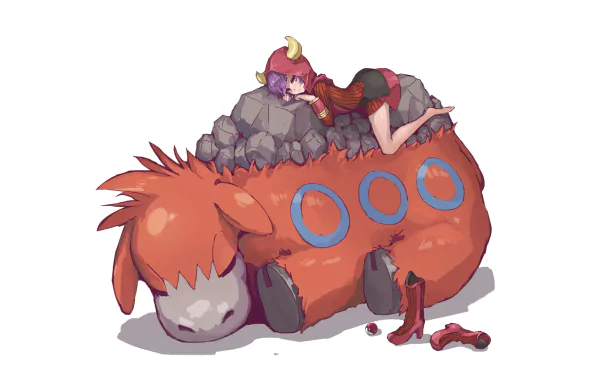 HD desktop wallpaper featuring Courtney from Pokémon: Omega Ruby and Alpha Sapphire resting on a large, sleeping Camerupt Pokémon.