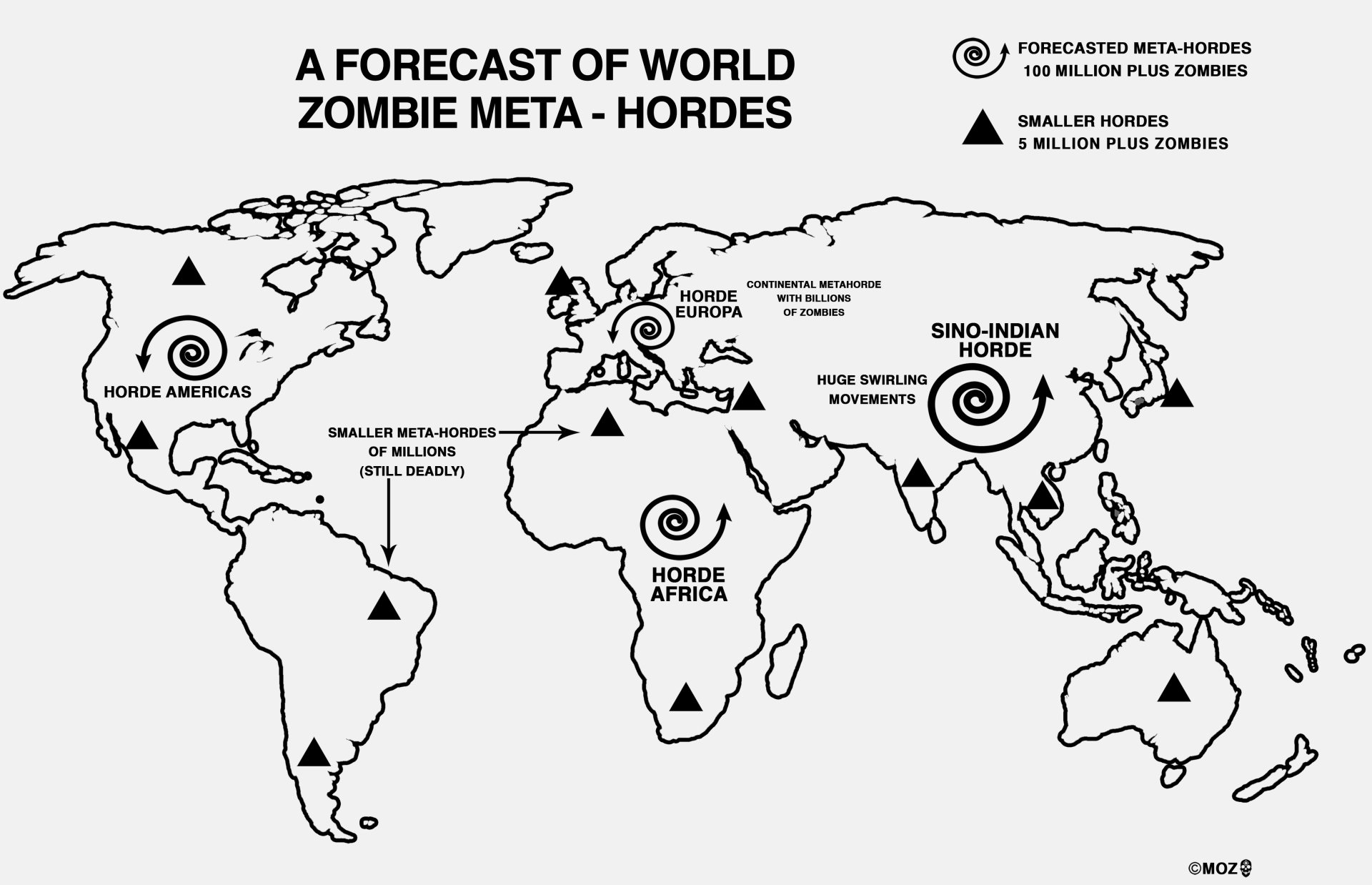 Dark zombie 4K Ultra HD PC desktop wallpaper: monochrome world map titled A Forecast of World Zombie Meta - Hordes marked with spiral horde icons and region labels.