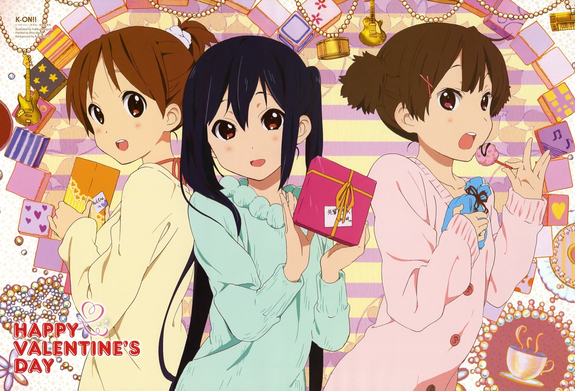 5K Ultra HD K-ON! anime desktop wallpaper: three girls in pastel pajamas holding Valentine gifts and sweets on a decorative pink background with Happy Valentine's Day text.