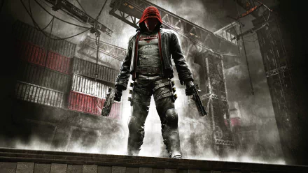 A dynamic HD wallpaper featuring Jason Todd as Red Hood from the video game Batman: Arkham Knight, set against a gritty, atmospheric backdrop of industrial ruins.
