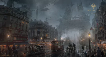 HD PC desktop wallpaper featuring a dark, atmospheric cityscape from the video game The Order: 1886, showcasing foggy streets, vintage trams, and period details.