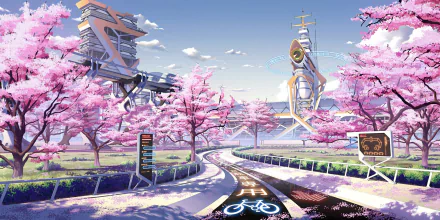 Futuristic cityscape with towering structures and a serene pathway lined with blooming cherry blossom trees. This HD anime landscape captures the essence of spring, blending nature and advanced technology.