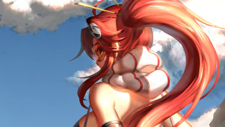 HD desktop wallpaper featuring Yoko Littner from Tengen Toppa Gurren Lagann, with vibrant, flowing red hair against a cloudy sky background.