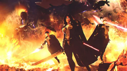 HD PC desktop wallpaper featuring a sci-fi woman warrior standing with glowing swords amid a fiery battlefield and hovering futuristic aircraft.