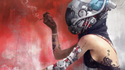 HD wallpaper of a cyborg with a detailed mechanical head and arm, set against a striking red background, highlighting themes of sci-fi and advanced technology.