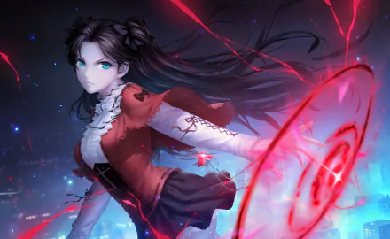 HD wallpaper of Rin Tohsaka from Fate/Stay Night, depicted with dynamic magical circles and flowing hair against a cosmic blue backdrop.