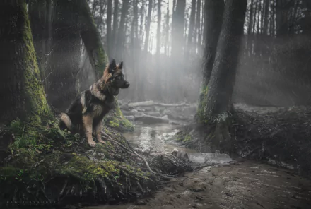 A majestic German Shepherd sits by a serene stream in a misty forest, illuminated by ethereal sunbeams. This HD desktop wallpaper captures the peaceful harmony of nature and animal.