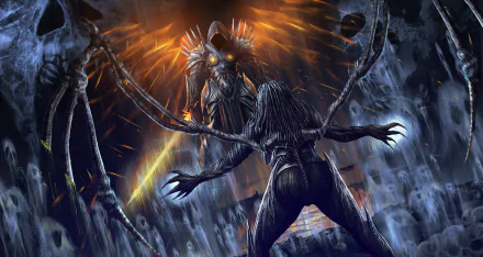 A dramatic HD wallpaper featuring Tyrael from Diablo III confronting Sarah Kerrigan from Heroes of the Storm, set against a backdrop of dark, swirling energy and skulls.
