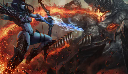 A dramatic HD wallpaper from Heroes of the Storm features a fierce archer confronting a monstrous foe, surrounded by fiery chaos and intense action.