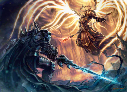 HD wallpaper of Lich King and Imperius from Diablo III battling in the video game Heroes of the Storm, featuring dynamic, vibrant artwork.