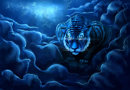 Fantasy-themed HD desktop wallpaper featuring a glowing blue tiger emerging from mystical clouds under a moonlit sky.
