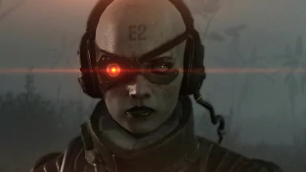 A striking HD wallpaper from Metal Gear Solid V: The Phantom Pain, featuring a mysterious character with red cybernetic enhancements against a dark, atmospheric backdrop.