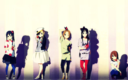 HD wallpaper featuring characters Azusa Nakano, Tsumugi Kotobuki, Ritsu Tainaka, Yui Hirasawa, and Mio Akiyama from the anime K-ON!, standing together against a colorful background.