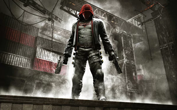 A dynamic HD wallpaper featuring Jason Todd as Red Hood from the video game Batman: Arkham Knight, set against a gritty, atmospheric backdrop of industrial ruins.