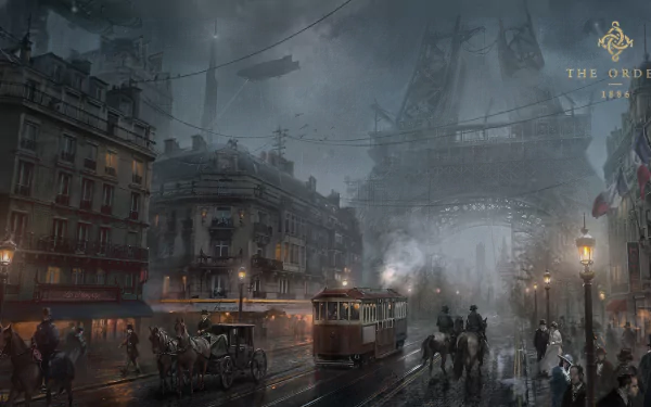 HD PC desktop wallpaper featuring a dark, atmospheric cityscape from the video game The Order: 1886, showcasing foggy streets, vintage trams, and period details.