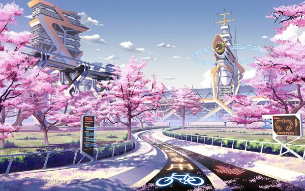 Anime Original Primavera Árbol Tower Futuristic City Paisaje Fondo de pantalla HD | Fondo de Escritorio