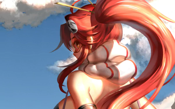 HD desktop wallpaper featuring Yoko Littner from Tengen Toppa Gurren Lagann, with vibrant, flowing red hair against a cloudy sky background.