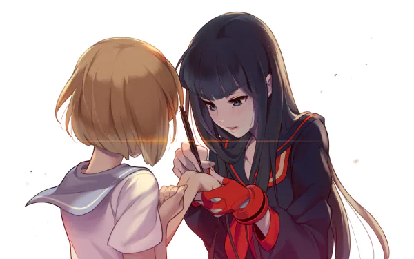 HD anime wallpaper featuring Mako Mankanshoku and Satsuki Kiryūin from Kill La Kill, capturing a calm, intimate moment between the characters.