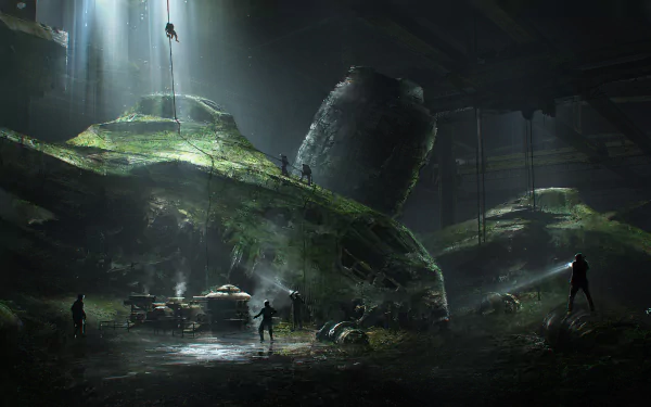 A dramatic sci-fi scene featuring a derelict spaceship overgrown with moss, illuminated by beams of light, set in a haunting, shadowy environment. An intriguing HD desktop wallpaper.