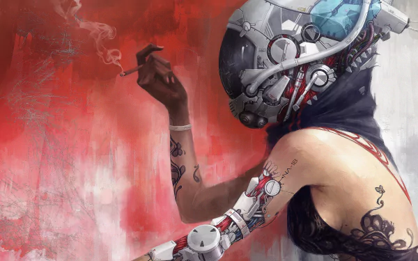 HD wallpaper of a cyborg with a detailed mechanical head and arm, set against a striking red background, highlighting themes of sci-fi and advanced technology.